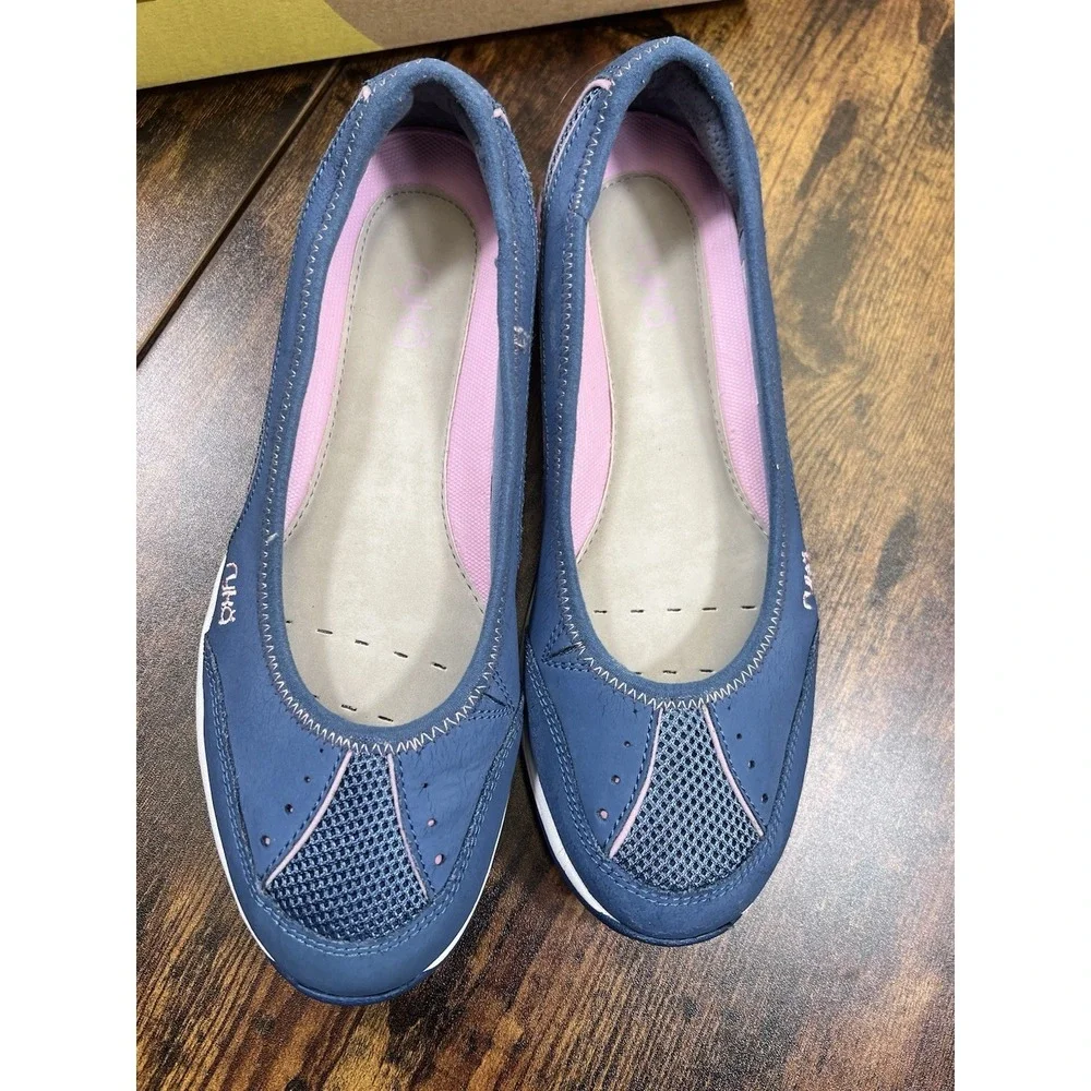Ryka Tensile Slip On Blue Leather Fabric‎ Athletic Ballet Flats Womens Size 8.5